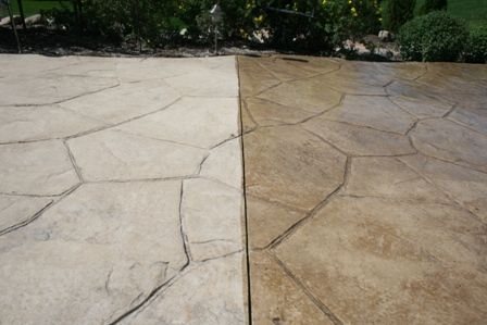 Stamped concrete before and after washing and sealing